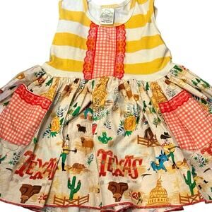 Olive Mae Handmade Texas Tunic Dress Girls 3T Yellow Stripe Gingham Pockets USA